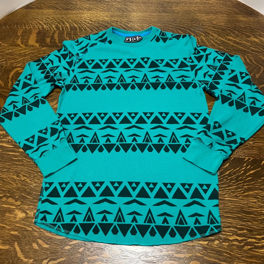 Volcom Thermal Shirt Mens Medium Teal Black Geometric Long Sleeve A534P124